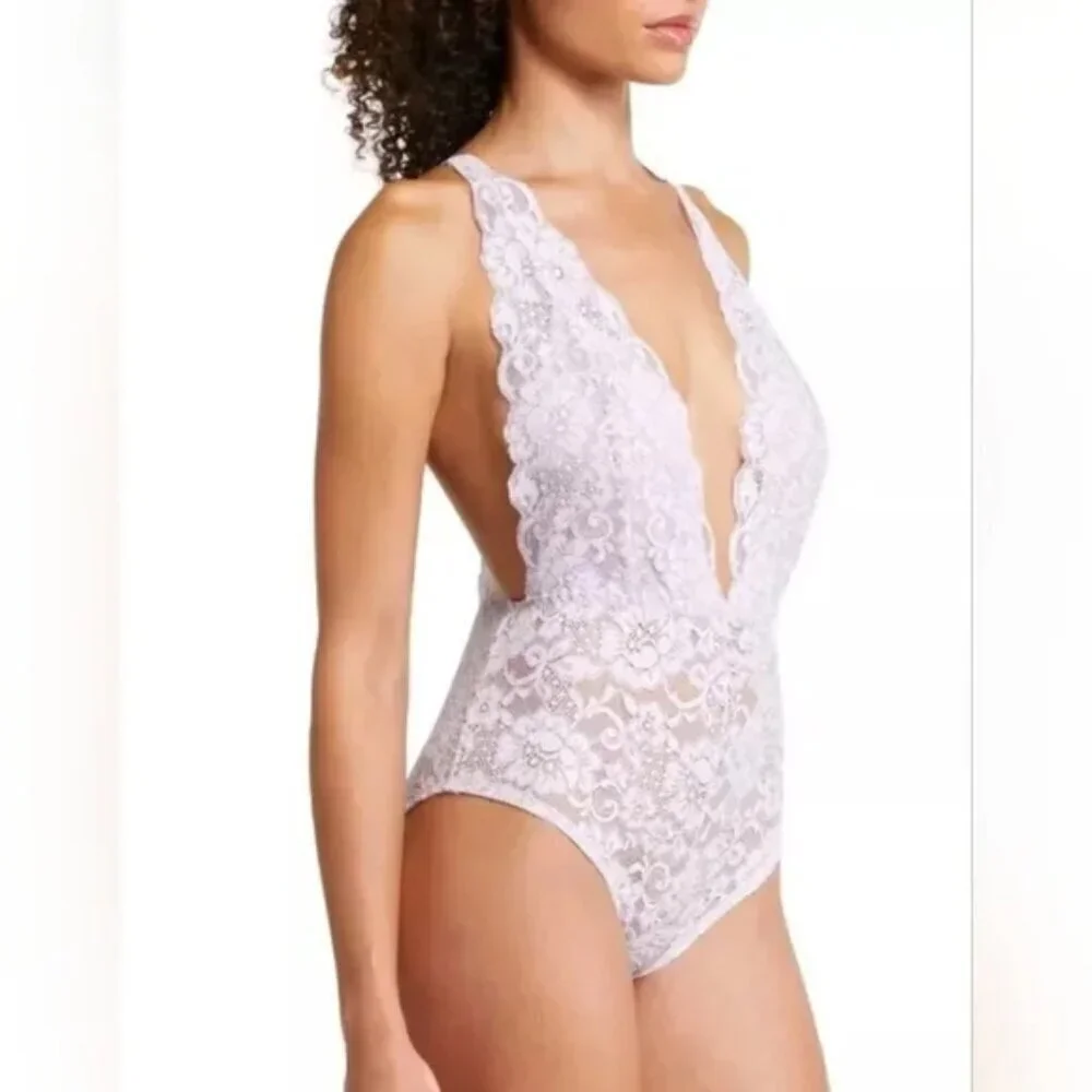 NWT$78 HAH Comin In HAHt Lace Bodysuit Lingerie Lavender Purple Valentine's SzXS